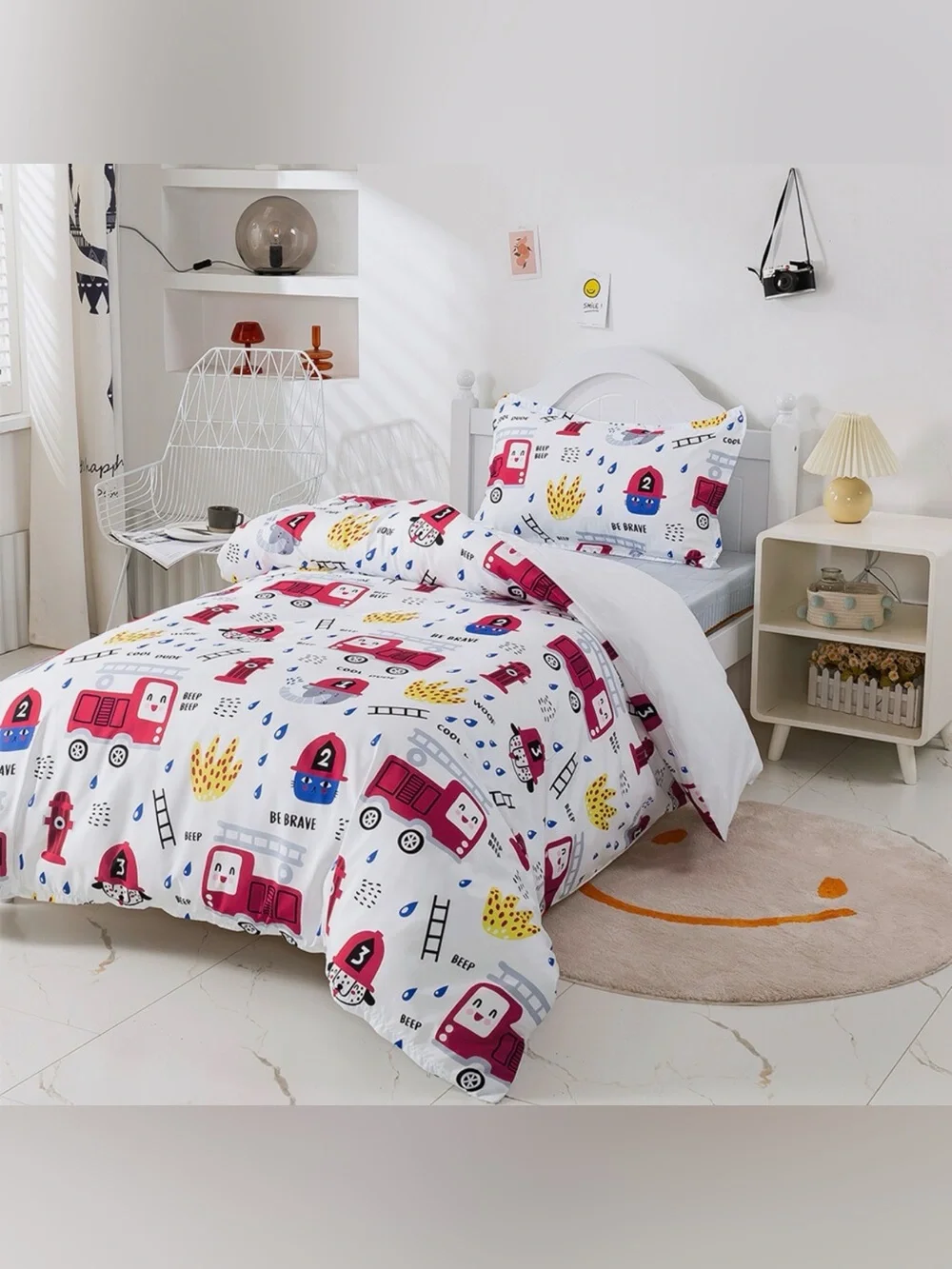 Kids White Firetruck Bedding Set - Playful Firefighter Print